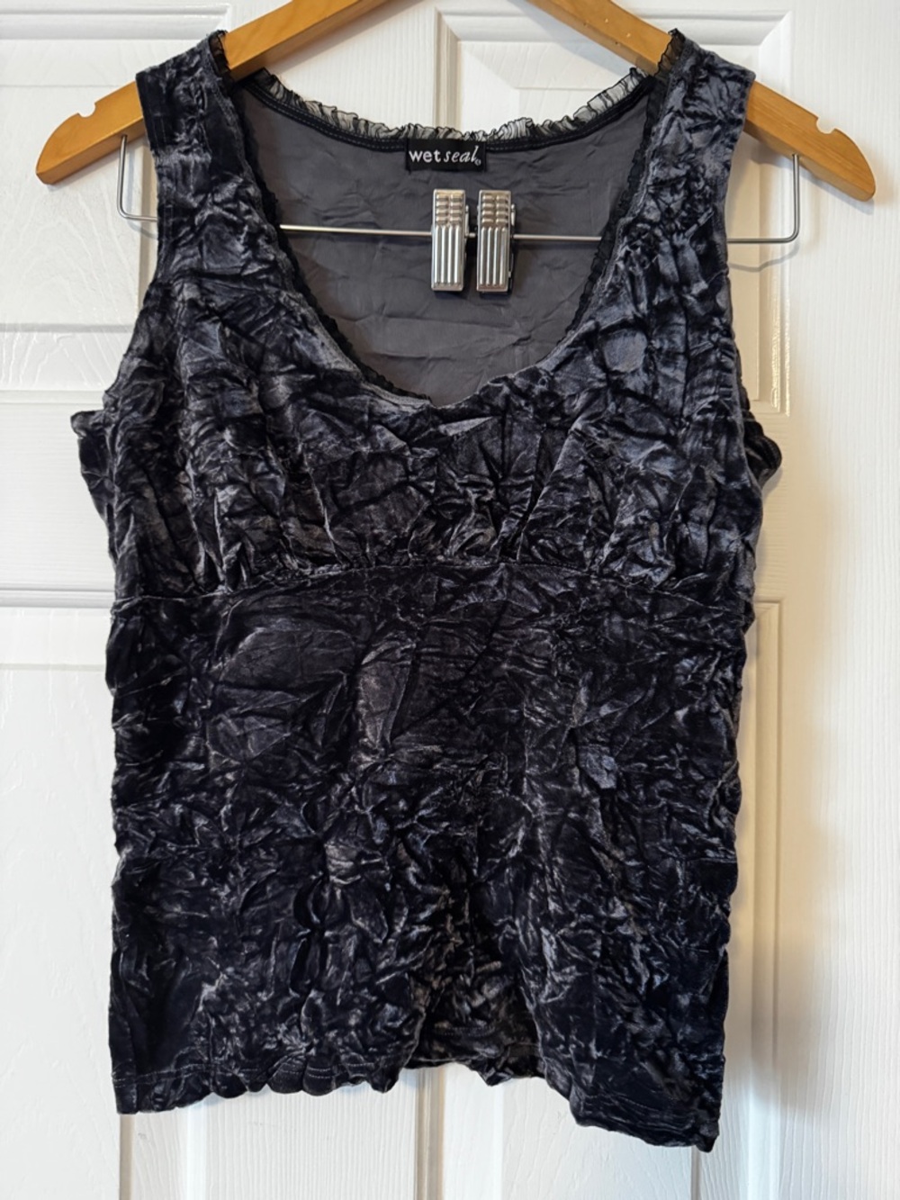 Vintage Y2K Wet Seal Crushed Velvet Mesh Trim Tank Top Navy Blue Medium